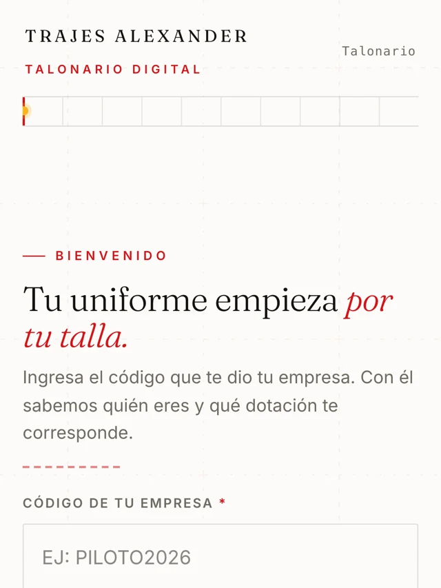 El registro real que ve su empleado: entra con el código de la empresa y registra su talla, paso a paso.